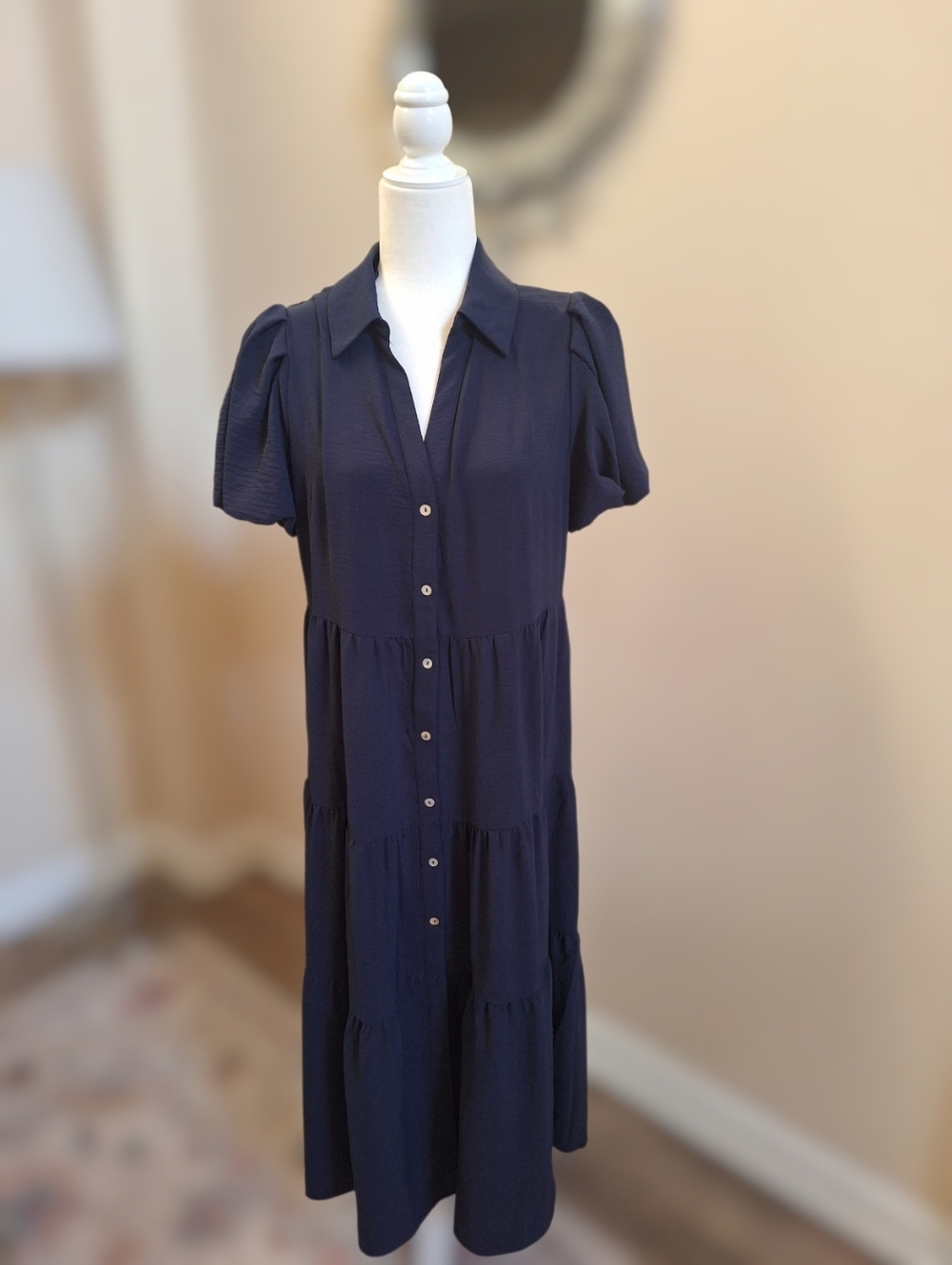 MSK Navy Button-Front Tiered Midi Dress